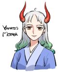  1girl blue_hair close-up english_commentary green_hair horns japanese_clothes kimono looking_at_viewer medium_hair multicolored_hair one_piece orange_eyes original raine_(acke2445) red_horns simple_background smile solo upper_body white_background white_hair 