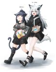  2girls absurdres ahoge animal_ears arknights black_nails boots cat_ears cat_girl cat_tail eating fangs fingerless_gloves giimaru gloves highres jessica_(arknights) lappland_(arknights) long_hair multiple_girls open_mouth scar shoes shorts simple_background tail translation_request white_background white_hair wolf_ears wolf_girl wolf_tail 