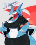  anthro big_breasts breasts choker cleavage clothed clothing collarbone eyes_closed female generation_3_pokemon hand_on_hip hi_res jewelry looking_at_viewer navel necklace nintendo pokemon pokemon_(species) salamence solo thick_thighs togetoge 