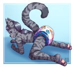  anthro blep blue_eyes diaper eyebrows felid feline fur grey_body grey_eyebrows grey_fur hair hi_res male mammal markings pawpads ponytail riddlr simple_background solo striped_body striped_fur striped_markings stripes teasing teasing_viewer tongue tongue_out 