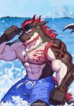  1boy abs absurdres alternate_costume artist_request bara beard blue_male_swimwear bulge chest_tattoo dragon_(any) dragon_boy dragon_ears facial_hair feet_out_of_frame forked_eyebrows furry furry_male goggles goggles_on_head hair_over_shoulder highres island jewelry large_pectorals male_focus male_swimwear mature_male muscular muscular_male navel nipples ocean original pectorals pendant ponytail red_hair scar scar_across_eye second-party_source solo stomach swim_trunks tattoo thick_eyebrows topless_male v-taper wet 