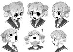  1girl 4shi :d ? commentary_request dango-chan_(4shi) double_bun drooling greyscale hair_bun highres looking_ahead looking_to_the_side looking_up monochrome monster_girl open_mouth original sailor_collar short_hair smile translation_request 