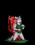  after_transformation anthro blue_eyes breasts canid canine canis claws clothed clothing duo female female/female genitals green_eyes grey_hair hair hand_on_breast hi_res licking mammal nude partially_clothed pussy red_hair tomek1000 tongue tongue_out wolf 