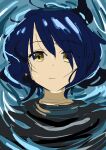  1girl :/ afloat black_shirt blue_hair bocchi_the_rock! closed_mouth expressionless floating_hair hair_over_one_eye highres kerorira looking_at_viewer mole mole_under_eye partially_submerged portrait ripples shirt short_hair solo water wet yamada_ryou yellow_eyes 