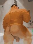  3:4 anthro anus balls bear blush blush_lines brown_body brown_fur butt foreskin freddyv7205172 fur genitals hand_on_wall hi_res humanoid_genitalia humanoid_hands humanoid_penis male mammal muscular muscular_anthro muscular_male partially_retracted_foreskin penis perineum rear_view shower solo tile tile_wall wall_(structure) wet wet_body wet_fur 