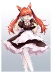  1girl :q apron blush corruption dark_ball_(pokemon_m04) dark_persona highres holding holding_poke_ball latias lone_exiler maid maid_apron maid_headdress personification poke_ball pokemon pokemon_adventures red_hair thighhighs tongue tongue_out twintails 