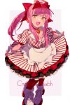  1girl apron bell blush bow breasts character_name choker cleavage cnoc_na_riabh_(fate) cosplay dress echo_(circa) fate/grand_order fate_(series) hair_bow hair_ribbon layered_skirt long_hair looking_at_viewer medb_(fate) medium_breasts open_mouth pink_hair ponytail puffy_short_sleeves puffy_sleeves red_bow red_dress red_headwear red_thighhighs ribbon roller_skates shirt short_sleeves sidelocks skates skirt smile solo striped striped_dress striped_shirt tamamo_(fate) tamamo_cat_(fate) tamamo_cat_(lostroom_outfit)_(fate) tamamo_cat_(lostroom_outfit)_(fate)_(cosplay) thighhighs vertical-striped_shirt vertical_stripes visor_cap waist_apron wrist_cuffs yellow_eyes 