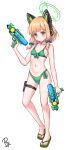  1girl alternate_costume animal_ear_headphones animal_ears bikini blonde_hair blue_archive blue_bow blush bow cat_ear_headphones cat_ears closed_mouth commentary english_commentary fake_animal_ears front-tie_bikini_top front-tie_top full_body green_bikini green_eyes green_halo hair_bow halo headphones highres holding holding_water_gun holster looking_at_viewer low_tied_sidelocks midori_(blue_archive) navel rylaera sandals short_hair side-tie_bikini_bottom simple_background standing swimsuit thigh_holster toes water_gun white_background 