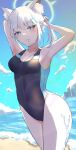  1girl absurdres animal_ear_fluff animal_ears arms_behind_head beach black_one-piece_swimsuit blue_archive blue_eyes blue_sky breasts cityscape cloud competition_swimsuit covered_navel cowboy_shot cross_hair_ornament day doku_kinoko_(avzu5522) extra_ears grey_hair hair_ornament halo highres looking_at_viewer low_ponytail medium_breasts medium_hair mismatched_pupils mouth_hold multicolored_clothes multicolored_swimsuit official_alternate_costume one-piece_swimsuit outdoors shiroko_(blue_archive) shiroko_(swimsuit)_(blue_archive) sky solo swimsuit wolf_ears 