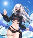  1girl bikini black_bikini black_jacket blue_sky breasts cropped_jacket dragon_wings fate/grand_order fate_(series) forked_eyebrows high_ponytail jacket long_hair long_sleeves looking_at_viewer mask melusine_(fate) melusine_(swimsuit_ruler)_(fate) mouth_mask mrnn navel shrug_(clothing) sidelocks sitting sky small_breasts solo stomach_tattoo swimsuit tail tattoo thighlet thighs white_hair wings yellow_eyes 