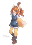  1girl ;d animal_ears antenna_hair apron arm_behind_head arms_up black_shorts black_socks blue_apron blue_eyes body_fur bow brown_footwear commission dot_nose fangs fewer_digits fox_ears fox_girl fox_tail from_side full_body fur-trimmed_shorts fur_trim furry furry_female gomafuto hair_bow highres kneehighs light_blush looking_at_viewer medium_hair one_eye_closed open_mouth orange_fur orange_hair original outstretched_arm pixiv_commission shirt shoes short_sleeves shorts simple_background smile socks solo standing stretching tachi-e tail wavy_hair white_background white_shirt 