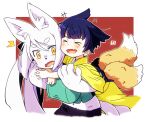  &gt;_&lt; +++ 2girls animal_ears black_hair black_pants bob_cut body_fur border breasts closed_eyes fox_ears green_shirt hug hug_from_behind japanese_clothes kimono kukuri_(mawaru) large_breasts long_hair long_sleeves looking_at_viewer mawaru_(mawaru) multiple_girls multiple_tails obi open_mouth original pants red_background sash shirt short_hair smile tail white_border white_hair wolf_ears wolf_girl wolf_tail yellow_eyes yellow_kimono 