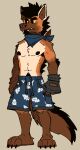  2023 anthro bactover bactover_(character) bottomwear canid canine clothing fingerless_gloves gloves handwear male mammal maned_wolf neckerchief nipples plantigrade shorts simple_background solo standing 