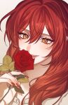  1girl :d commentary flower highres himeko_(honkai:_star_rail) holding holding_flower honkai:_star_rail honkai_(series) long_hair nail_polish omegiricecake open_mouth red_flower red_hair red_nails red_rose rose smile solo symbol-only_commentary yellow_eyes 