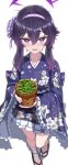  1girl absurdres blue_archive blush floral_print flower_pot hair_between_eyes hairband halo haruka_(blue_archive) haruka_(new_year)_(blue_archive) highres holding_flower_pot japanese_clothes kimono long_hair long_sleeves looking_at_viewer open_mouth plant potted_plant purple_eyes purple_hair purple_hairband purple_kimono simple_background smile solo standing white_background wide_sleeves yakob_labo 
