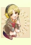  1boy artist_name blonde_hair brown_background brown_eyes brown_footwear full_body gloves grey_shirt grey_shorts headphones highres kemono_jihen meru_lotte mole mole_under_mouth nowaki_homuramaru red_gloves shirt shorts simple_background single_glove socks solo squatting 