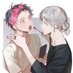  2boys black_hair black_shirt blue_nails border bow earrings grey_background grey_hair highres holding holding_toothbrush idolish7 jewelry long_hair male_focus momo_(idolish7) mongzu_i7 multicolored_hair multiple_boys pink_bow pink_eyes re:vale shirt short_hair toothbrush white_border white_hair white_shirt yaoi yuki_(idolish7) 