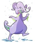  :d ^_^ closed_eyes commentary goodra hands_up happy highres leg_up no_humans open_mouth outdoors pokemon pokemon_(creature) puddle rain rei_(esprei96) smile solo tongue 