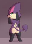  absurd_res anthro armwear bliss_(rymherdier) bow_ribbon butt clothed clothing elbow_gloves fan_character female generation_5_pokemon gloves handwear hi_res legwear looking_at_viewer nintendo partially_clothed pokemon pokemon_(species) porldraws purrloin simple_background solo thigh_highs 