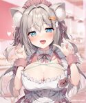  1girl animal_ears blue_eyes blurry blurry_background blush breasts cat_ears cleavage commentary_request dress fish_hair_ornament grey_hair hair_ornament hair_ribbon heart heart-shaped_pupils index_finger_raised indoors karory large_breasts long_hair looking_at_viewer maid maid_headdress nail_polish open_mouth original pink_dress ribbon short_sleeves smile solo standing symbol-shaped_pupils waitress wrist_cuffs 