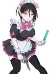  1girl akiba_maid_sensou animal_ears bang_dream! black_hair black_thighhighs blush bow breasts closed_mouth fake_animal_ears gun hair_between_eyes highres holding holding_gun holding_weapon kitayu large_breasts lips looking_at_viewer maid_headdress pig_ears pink_bow pink_eyes pink_trim puffy_short_sleeves puffy_sleeves short_hair short_sleeves simple_background skirt solo standing thighhighs weapon white_background wrist_cuffs yashio_rui 