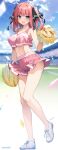  1girl absurdres bare_shoulders black_ribbon blue_eyes blue_sky blurry blurry_background blush breasts butterfly_hair_ornament cheerleader cloud collarbone confetti crop_top day full_body go-toubun_no_hanayome hair_ornament hair_ribbon hand_up highres holding holding_pom_poms karory knees_together_feet_apart large_breasts looking_at_viewer medium_hair miniskirt motion_blur nakano_nino navel open_mouth outdoors pink_hair pink_skirt pleated_skirt pom_pom_(cheerleading) ribbon shoes skirt sky smile sneakers standing thighs twitter_username white_footwear wind wind_lift 