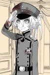  1girl belt blood blood_on_clothes closed_mouth cowboy_shot gloves hair_between_eyes hal_(goshujinomocha) hat highres indoors long_sleeves medal military military_hat military_uniform monochrome ponytail salute smile solo tanya_degurechaff uniform upper_body white_gloves youjo_senki 