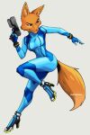  2023 anthro breasts canid canine cheek_tuft diane_foxington dipstick_tail dreamworks eyebrow_piercing eyebrows eyelashes facial_piercing facial_tuft female fox fur gun holding_gun holding_object holding_weapon inner_ear_fluff looking_back mammal markings metroid nintendo orange_body orange_fur piercing ranged_weapon roksodraws solo tail tail_markings the_bad_guys tuft weapon zero_suit 