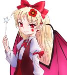  1girl bat_wings bow elis_(touhou) facial_mark flat_chest flower hair_bow hairband hand_up holding holding_wand juliet_sleeves long_hair long_sleeves looking_at_viewer petite pointy_ears poppy_(flower) puffy_sleeves red_eyes s-a-murai simple_background slit_pupils smile solo star_(symbol) touhou touhou_(pc-98) upper_body vest wand white_background wing_collar wings 