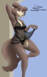  absurd_res anthro beastars bra breasts brown_body brown_fur canid canine canis cheek_tuft clothing facial_tuft female fluffy fluffy_tail front_view fur hand_behind_head hi_res juno_(beastars) lingerie link6432 looking_at_viewer mammal nightgown panties seductive solo standing tail translucent translucent_clothing tuft underwear wolf 