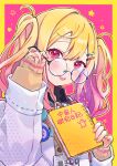  1girl :p adjusting_eyewear blonde_hair blush book cardigan coat commentary get_over_it._(project_sekai) gradient_hair hair_ornament hairclip highres holding holding_book id_card lab_coat long_hair long_sleeves looking_at_viewer multicolored_hair open_labcoat open_mouth pink_eyes pink_hair project_sekai round_eyewear scientist sweater tenma_saki tongue tongue_out twintails uminokaisen white_coat yellow_cardigan yellow_sweater 