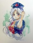  1girl absurdres arm_above_head blue_headwear copyright_request dated frilled_sleeves frills hat highres looking_at_viewer one-hour_drawing_challenge painting_(medium) shiroma_(mamiko) touhou traditional_media watercolor_(medium) white_background yagokoro_eirin 