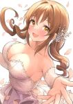 1girl absurdres armpits b1ack_illust bare_shoulders blush breasts brown_hair cleavage collarbone commentary_request commission dress falling_petals foreshortening highres idolmaster idolmaster_cinderella_girls large_breasts looking_at_viewer petals pixiv_commission reaching reaching_towards_viewer smile solo totoki_airi twintails white_dress 