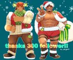  2boys :q abs absurdres akiha_gongen_(housamo) alternate_costume animal_ears bandaid bandaid_on_face bandaid_on_nose bara bare_pectorals bell black_footwear black_socks bow brown_eyes brown_hair brown_pants capelet checkered_clothes checkered_scarf christmas clenched_hand closed_eyes cow_boy cow_ears cow_horns dark-skinned_male dark_skin eye_black facial_hair fiery_horns forked_eyebrows fur-trimmed_capelet fur-trimmed_footwear fur-trimmed_shorts fur-trimmed_vest fur_trim garter_belt glowing_horns goatee green_scarf grin hat highres holding holding_sack horns jingle_bell large_pectorals looking_at_viewer male_focus milestone_celebration multicolored_hair multiple_boys muscular muscular_male nipples oo12hhh pants pectorals red_capelet red_shorts red_vest sack santa_costume santa_hat scar scarf short_hair shorts sideburns single_horn sleeves_rolled_up smile snowflakes socks sparkle spiked_hair sweater thick_eyebrows thumbs_up tokyo_afterschool_summoners tongue tongue_out topless_male two-tone_hair v vest wakan_tanka white_hair 