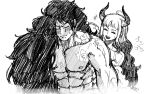  1boy 1girl bathing black_hair blush brain_bbq closed_eyes closed_mouth earrings horns jewelry long_hair momonosuke_(one_piece) monochrome one_piece oni oni_horns open_mouth sketch smile topless_male yamato_(one_piece) 