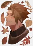  1boy achilles_(fate) acorn armor autumn_leaves black_shirt brown_hair brown_theme closed_eyes cropped_shoulders fate/apocrypha fate_(series) grin haruakira highres male_focus mature_male shirt short_hair simple_background smile solo white_background 