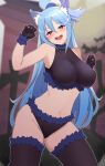  1girl :d animal_ears aqua_(konosuba) aqua_hair black_gloves black_thighhighs blue_eyes blush breasts fangs fur-trimmed_gloves fur-trimmed_thighhighs fur_trim gloves hair_between_eyes highres jampen kono_subarashii_sekai_ni_shukufuku_wo! large_breasts long_hair looking_at_viewer midriff navel smile solo thighhighs very_long_hair 