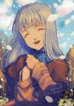  1girl :d braid brown_dress closed_eyes cloud dated dress hisayoshi_(hisa) long_hair open_mouth own_hands_together platina_(valkyrie_profile) single_braid smile solo valkyrie_profile_(series) very_long_hair 