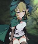  &gt;:( 1girl blonde_hair blue_eyes blurry blurry_background boots brown_gloves cloak closed_mouth cowboy_shot dungeon_ni_deai_wo_motomeru_no_wa_machigatteiru_darou_ka elbow_gloves elf from_above frown gloves green_cloak green_shorts groin hood hooded_cloak light_blush pointy_ears ryu_lion shirt short_shorts shorts solo thigh_boots thighs v-shaped_eyebrows white_shirt yu_yu_(metishina) 