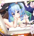  1girl absurdres aqua_hair blue_eyes blue_hair blush breasts cherry_blossoms closed_mouth colored_inner_hair completely_nude hair_between_eyes hair_ribbon highres hololive hoshimachi_suisei looking_at_viewer medium_hair multicolored_hair nude oishi_kuwagata ribbon side_ponytail small_breasts smile solo star_(symbol) star_in_eye symbol_in_eye virtual_youtuber 