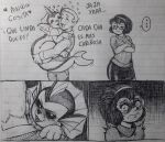  &lt;3 abraham_romano black_and_white bodily_fluids comic eeveelution female feral generation_1_pokemon hi_res human humor licking mafalda_(quino) male mammal monochrome nintendo parody pokemon pokemon_(species) saliva saliva_string scared spanish_text text threatening tongue tongue_out traditional_media_(artwork) vaporeon 