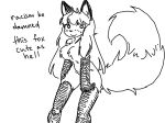  anthro averi_(fiddleafox) canid canine dipstick_tail english_text female female_anthro fox fur gloves_(marking) hair leg_markings looking_at_viewer mammal markings monochrome socks_(marking) solo standing tail tail_markings text unknown_artist 