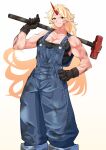  1girl black_shirt blonde_hair blue_overalls breasts commentary_request dirty dirty_clothes fang feet_out_of_frame fugaku_(miko_no_miyatsuguchi) gloves gradient_background hammer hand_on_own_hip highres holding holding_hammer horns hoshiguma_yuugi large_breasts long_hair muscular muscular_female oni oni_horns overalls pointy_ears red_horns shirt single_horn skin_fang sledgehammer sleeveless smile solo star_(symbol) tank_top touhou 
