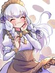  1girl apron blush braid brown_apron closed_eyes closed_mouth commentary cookie dress eating fire_emblem fire_emblem:_three_houses fire_emblem_heroes floating_hair food food_on_face frilled_sleeves frills gogatsu_(yeaholiday) hair_between_eyes hair_ribbon hand_on_own_face highres holding holding_cookie holding_food juliet_sleeves long_hair long_sleeves lysithea_von_ordelia lysithea_von_ordelia_(tea_party) maid_headdress no_nose official_alternate_costume puffy_sleeves purple_ribbon ribbon smile solo twin_braids waist_apron white_dress white_hair 