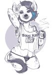  amaranth_(artist) anthro baggy_clothing bikini_kill blue_highlights breasts cleavage clothed clothing container cup ear_piercing english_text female hair hand_behind_head hi_res highlights_(coloring) holding_container holding_cup holding_object hyena mammal open_mouth piercing pubes shirt simple_background solo spots t-shirt tail tail_tuft text text_on_clothing text_on_shirt text_on_topwear topwear tuft underwear white_background 