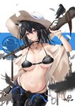  1girl absurdres animal_ear_fluff animal_ears arknights bikini bird black_bikini black_hair blue_nails breasts bullet choker closed_mouth collarbone cowboy_hat crow cuffs dated feathers fingerless_gloves gloves gun hair_between_eyes handcuffs hat highres holding holding_bullet holding_gun holding_weapon large_breasts long_hair looking_at_viewer mole mole_on_breast navel pants pubic_hair pubic_hair_peek revision sabou_san-shitsu_kokoro single_glove solo swimsuit texas_(arknights) weapon wolf_ears wolf_girl 