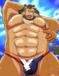  abs anthro arsalan beard bodily_fluids brown_body brown_fur bulge clothing facial_hair felid fur green_hair hair hi_res lifewonders lion low-angle_view male mammal mature_male muscular muscular_anthro muscular_male panthera7uncia pantherine pecs solo speedo sweat swimwear tokyo_afterschool_summoners 