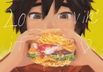  1boy big_hero_6 black_hair brown_eyes burger child colored_pencil_(medium) commentary_request covered_mouth food heart hiro_hamada holding holding_food male_focus red_shirt shiogochi shirt simple_background solo traditional_media yellow_background 