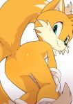  2023 2_tails anthro bent_legs blush clothing footwear fur gloves hands_on_knees hands_on_legs handwear happy looking_at_viewer looking_back male manmosu_marimo miles_prower multi_tail neck_tuft orange_body orange_fur sega simple_background socks solo sonic_the_hedgehog_(series) tail tuft white_background 