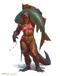 2023 abs ambiguous_gender anthro biceps biped bottomwear breasts brown_body brown_fur clothing crotch_tuft digital_media_(artwork) eyebrows female feral fin fish fur hi_res holding_object mammal marine muscular muscular_anthro muscular_female muscular_thighs mustelid navel open_mouth open_smile pose quads scales simple_background smile solo standing tail taran_fiddler teeth thick_thighs tongue torn_bottomwear torn_clothing tuft water were weremustelid wereotter wet whiskers white_background 
